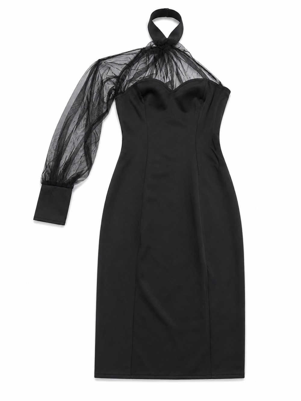 One-Shoulder Black Sheer-Sleeve Midi Dress